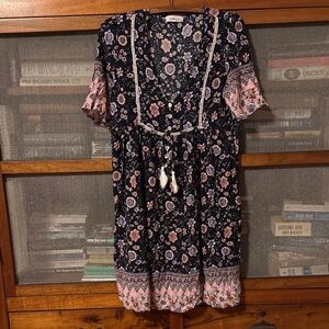 Bohemian hippie size Small boho Floral Midi Dress Black pink floral
